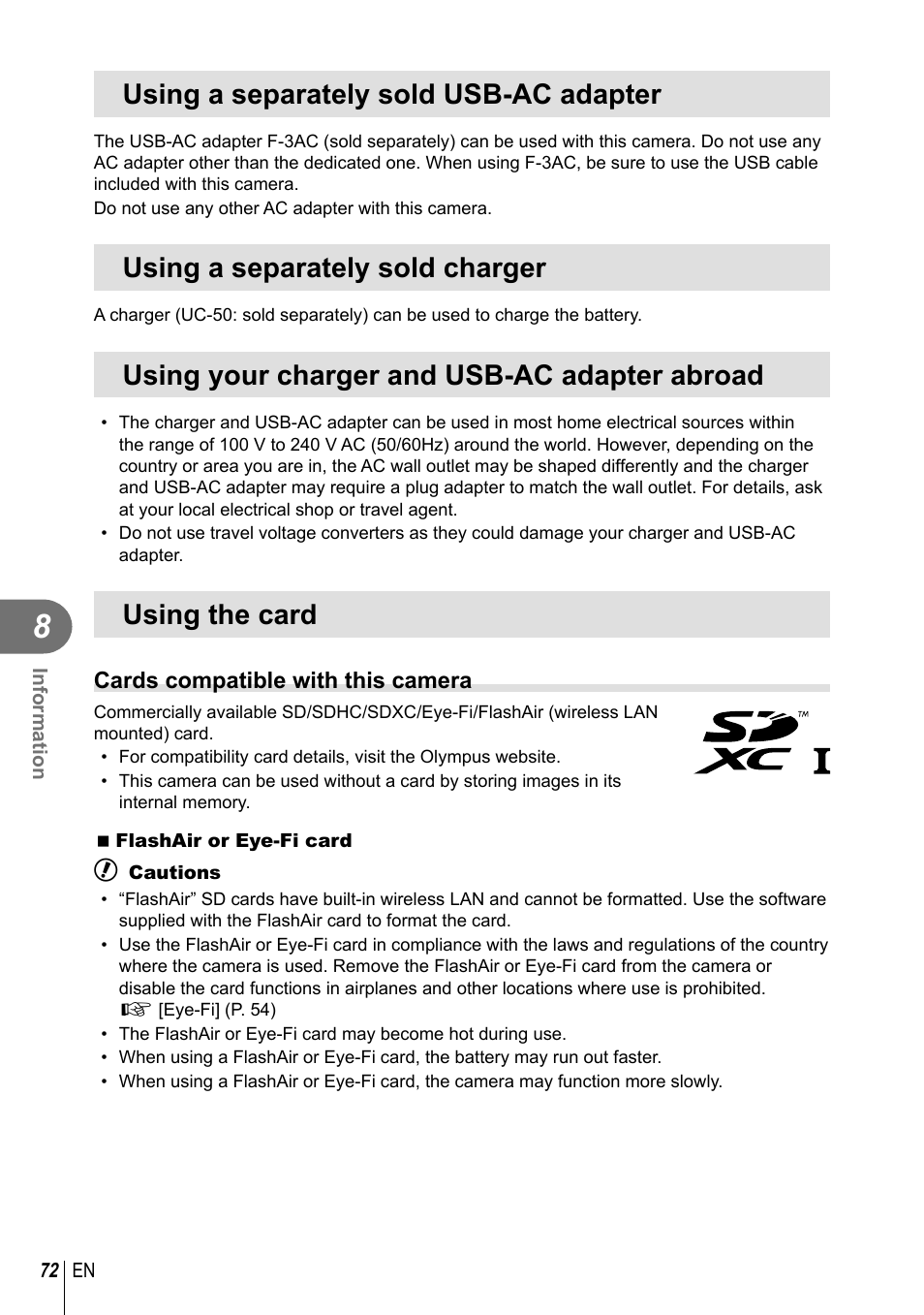 Using a separately sold usb-ac adapter, Using a separately sold charger, Using your charger and usb-ac adapter abroad | Using the card | Olympus XZ-10 User Manual | Page 72 / 89