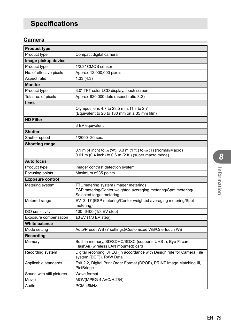 Specifications, Camera, 79 en information | Olympus XZ-10 User Manual | Page 79 / 89