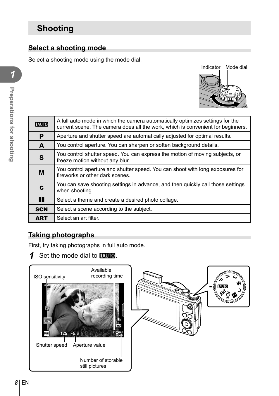 Shooting, Select a shooting mode, Taking photographs | Set the mode dial to a, 8 en preparations for shooting | Olympus XZ-10 User Manual | Page 8 / 89