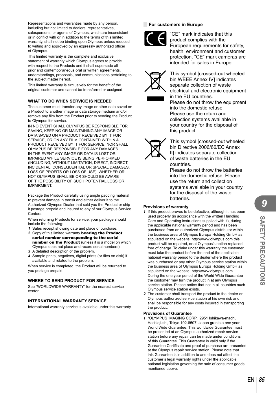 85 en safety precautions | Olympus XZ-10 User Manual | Page 85 / 89