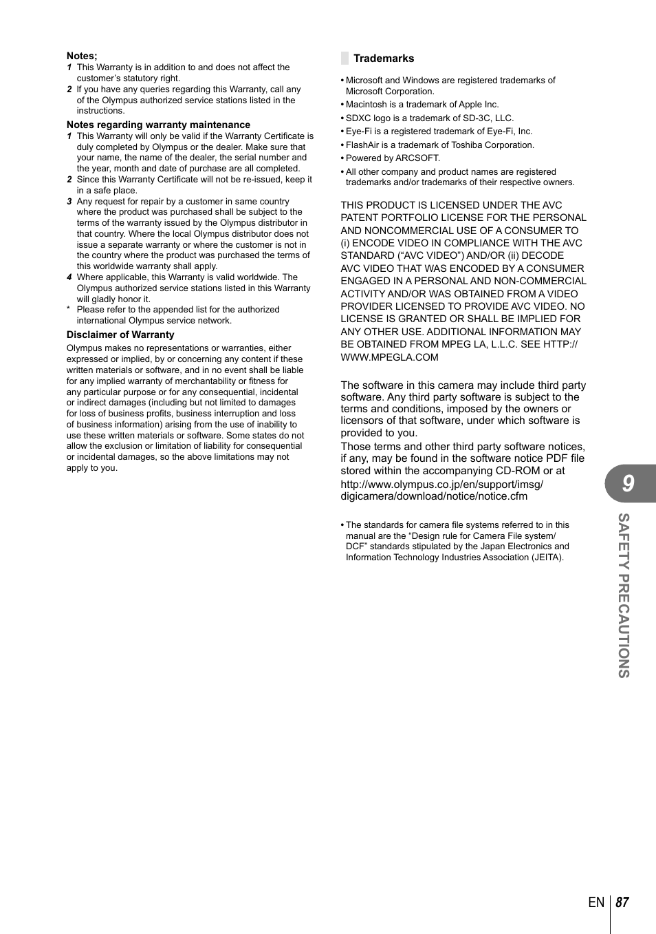 87 en safety precautions | Olympus XZ-10 User Manual | Page 87 / 89