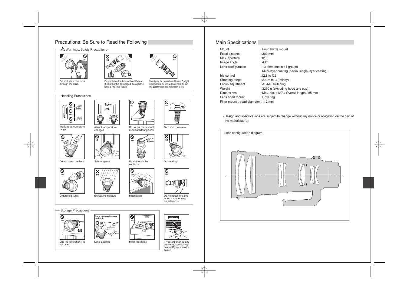 Precautions: be sure to read the following, Main specifications | Olympus ED 300mm f2.8 User Manual | Page 10 / 36