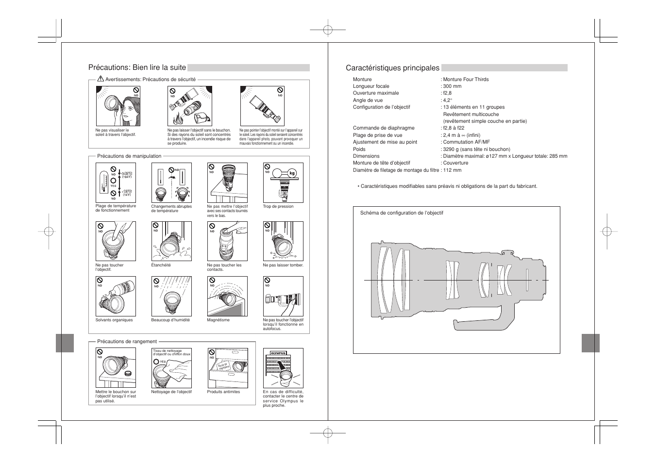 Précautions: bien lire la suite, Caractéristiques principales | Olympus ED 300mm f2.8 User Manual | Page 20 / 36