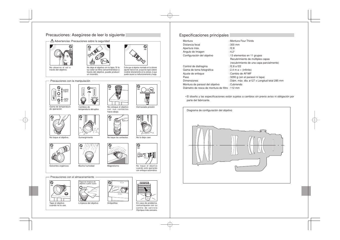 Precauciones: asegúrese de leer lo siguiente, Especificaciones principales | Olympus ED 300mm f2.8 User Manual | Page 25 / 36