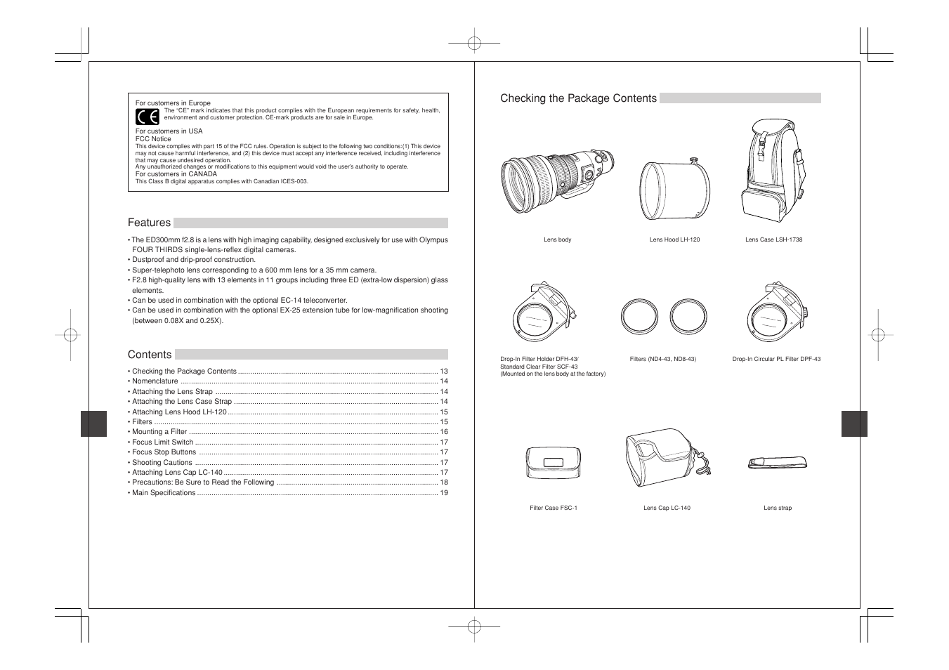 Checking the package contents contents features | Olympus ED 300mm f2.8 User Manual | Page 7 / 36