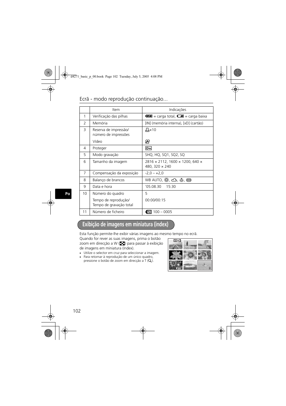 Exibição de imagens em miniatura (índex), Ecrã - modo reprodução continuação | Olympus FE-120 User Manual | Page 102 / 116
