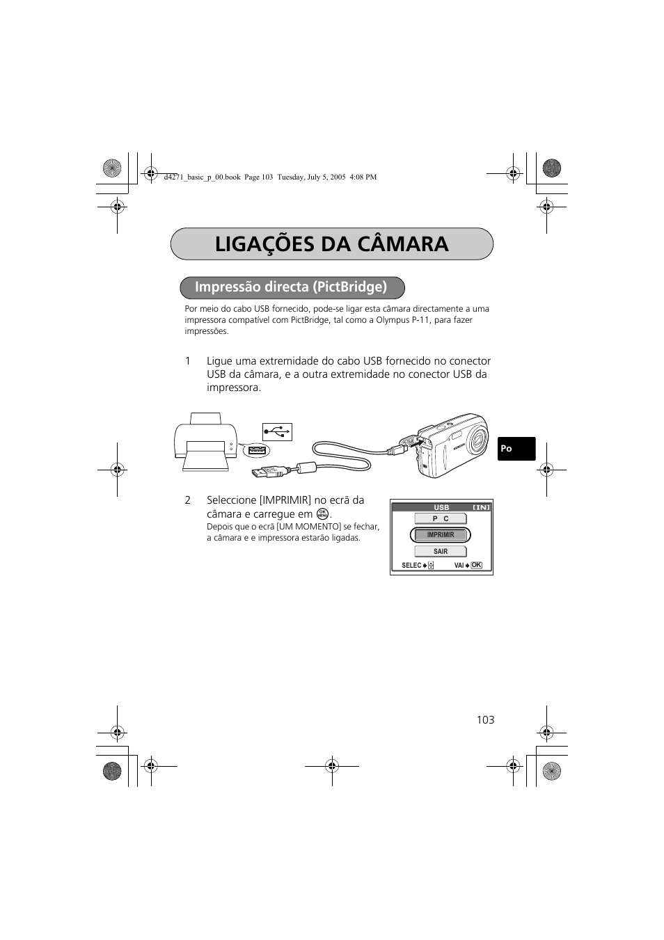 Ligações da câmara, Impressão directa (pictbridge) | Olympus FE-120 User Manual | Page 103 / 116