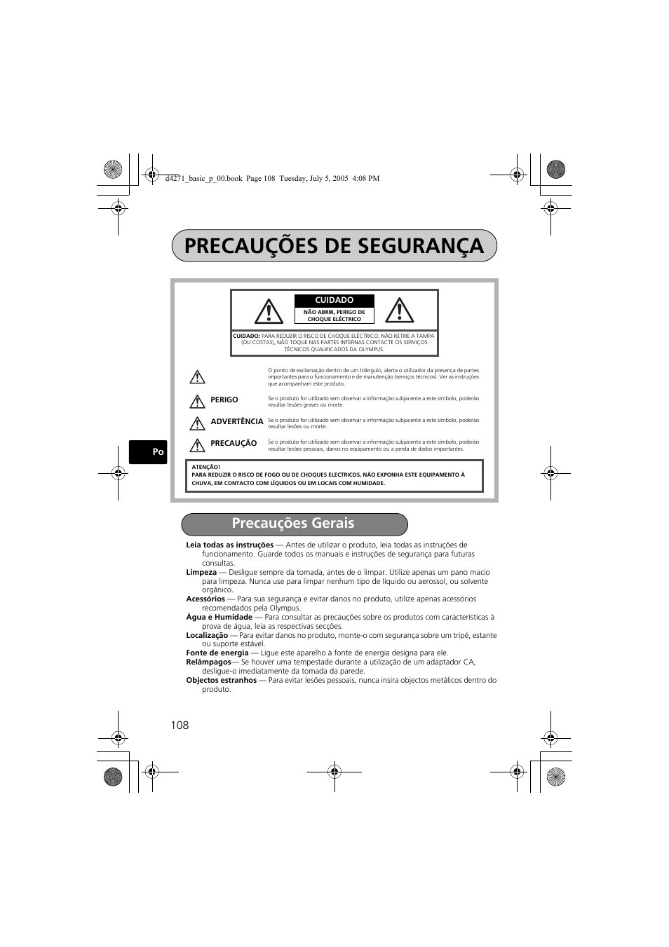 Precauções de segurança, Precauções gerais | Olympus FE-120 User Manual | Page 108 / 116