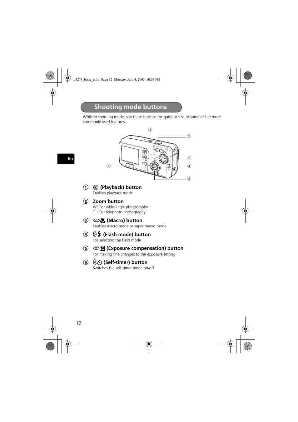 Shooting mode buttons | Olympus FE-120 User Manual | Page 12 / 116