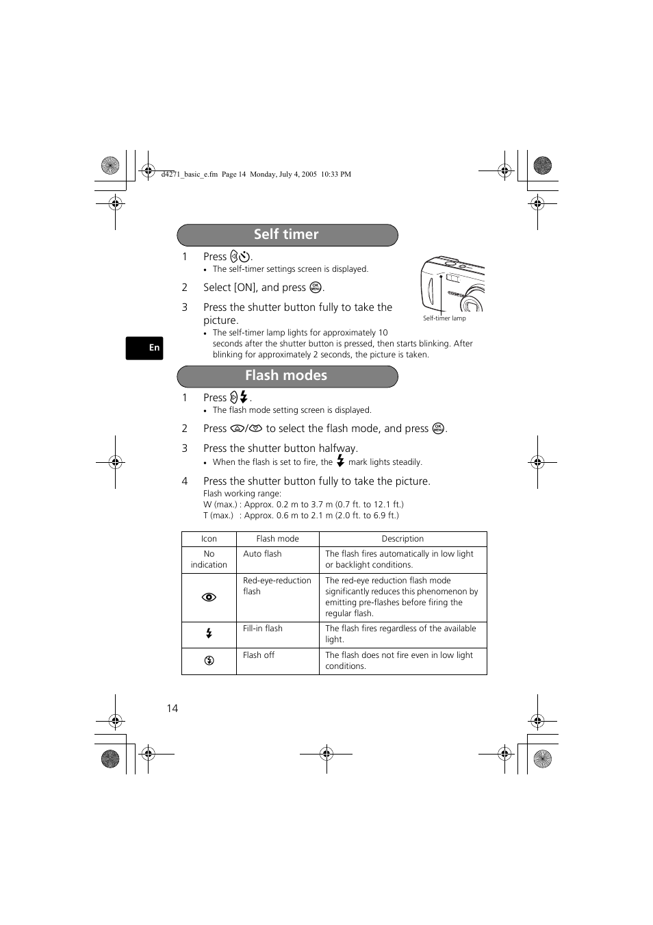 Self timer flash modes | Olympus FE-120 User Manual | Page 14 / 116