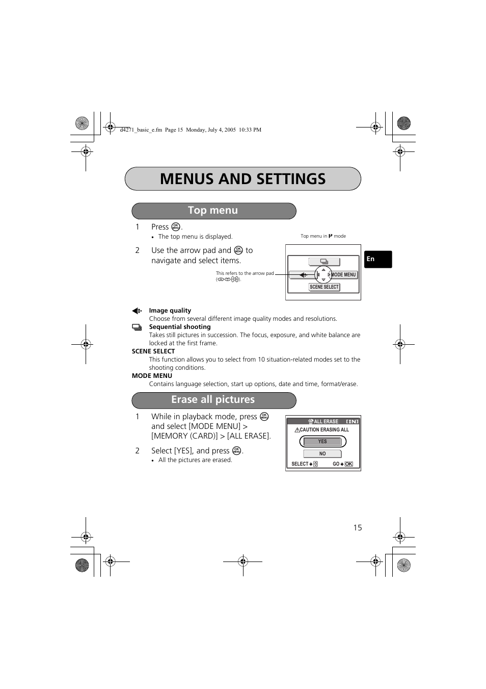 Menus and settings, Top menu erase all pictures | Olympus FE-120 User Manual | Page 15 / 116