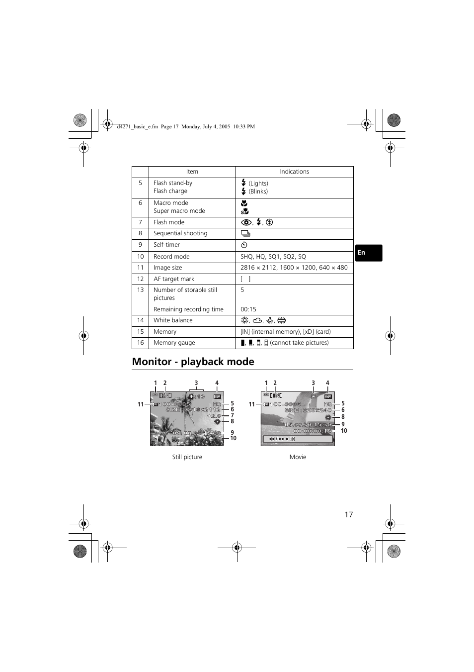 Monitor - playback mode | Olympus FE-120 User Manual | Page 17 / 116