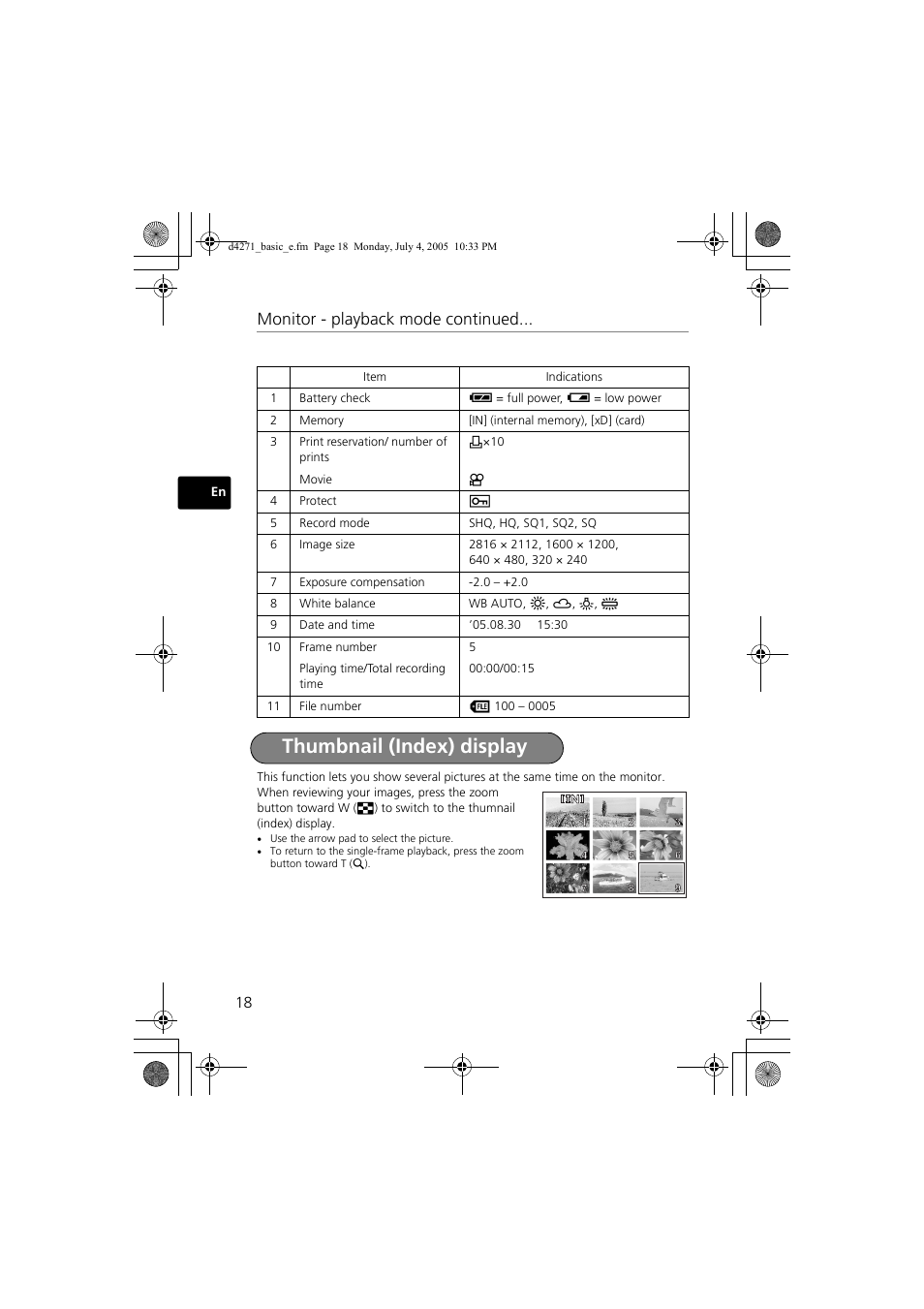 Thumbnail (index) display, Monitor - playback mode continued | Olympus FE-120 User Manual | Page 18 / 116