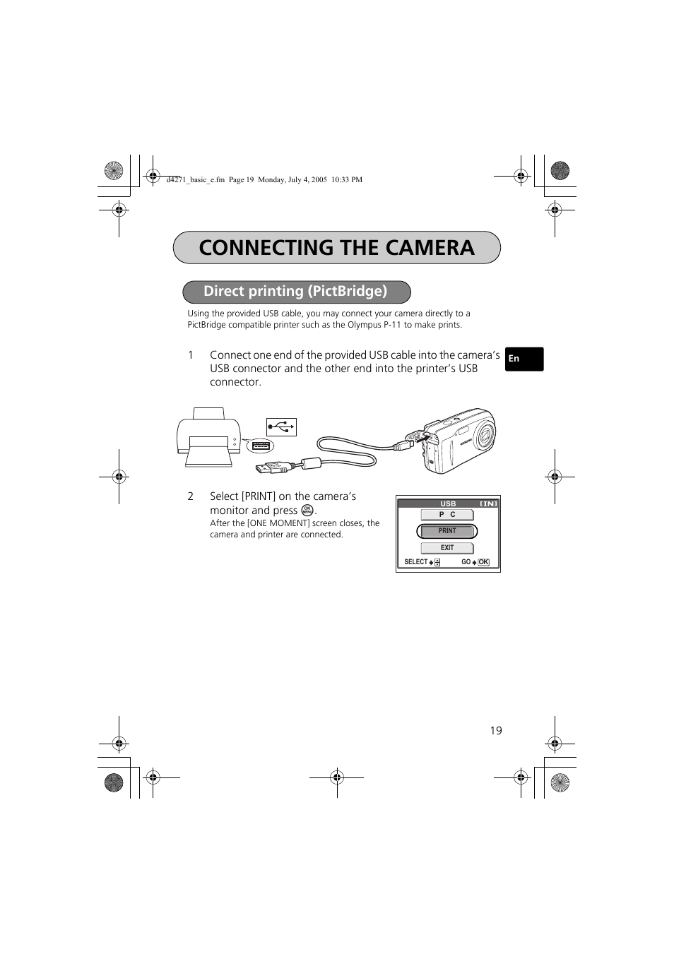 Connecting the camera, Direct printing (pictbridge) | Olympus FE-120 User Manual | Page 19 / 116