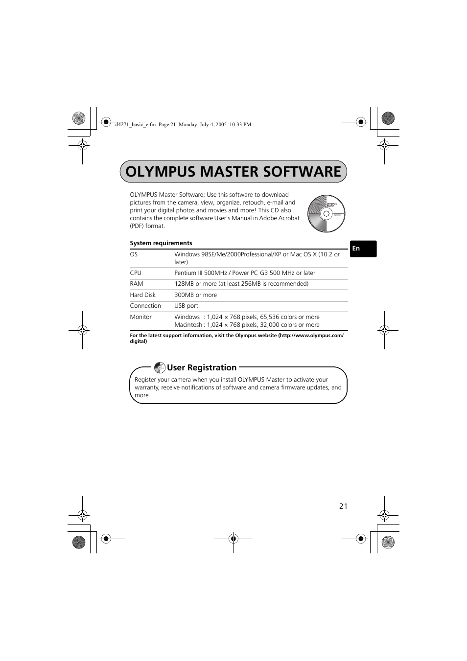 Olympus master software, User registration | Olympus FE-120 User Manual | Page 21 / 116