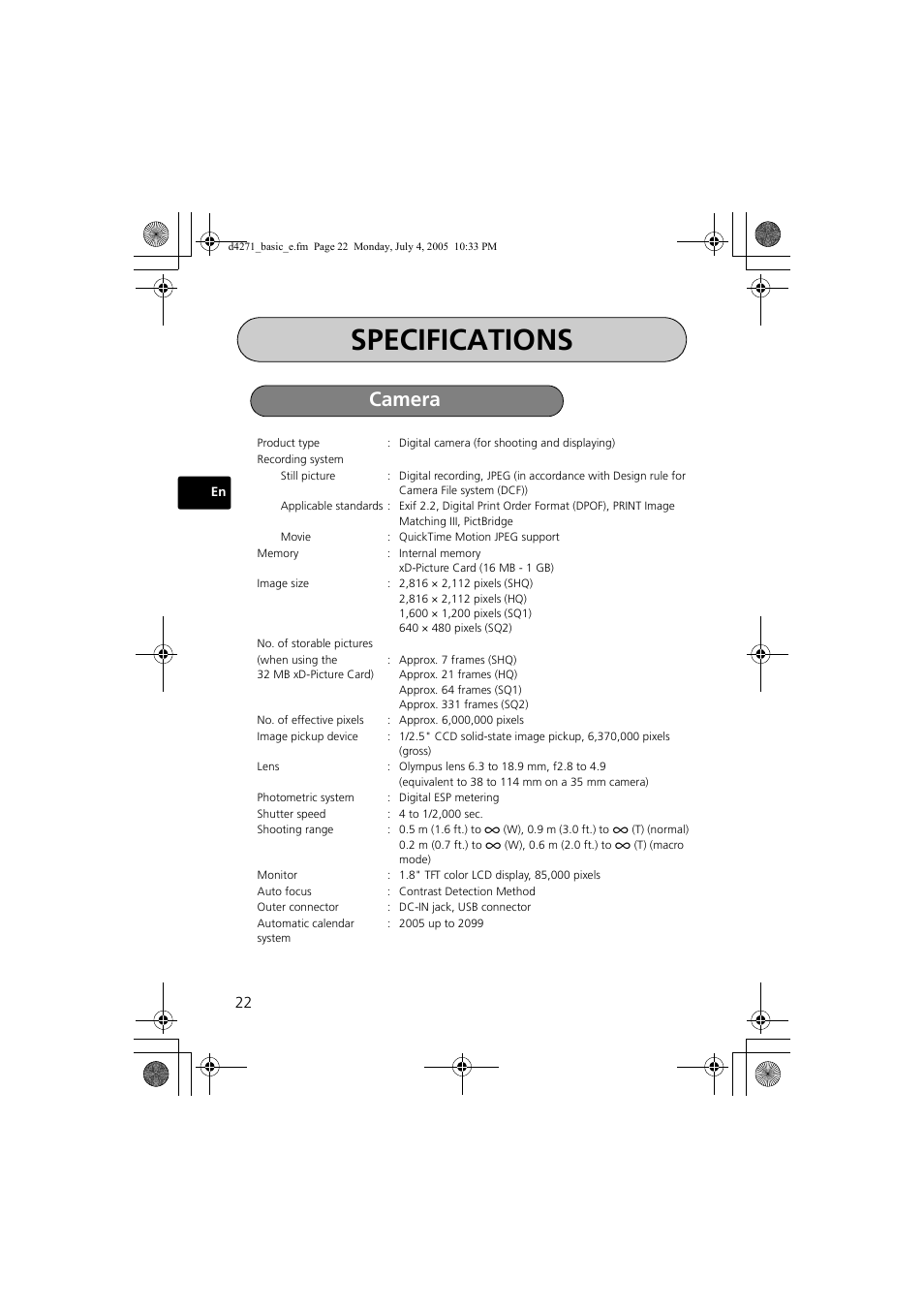 Specifications, Camera | Olympus FE-120 User Manual | Page 22 / 116