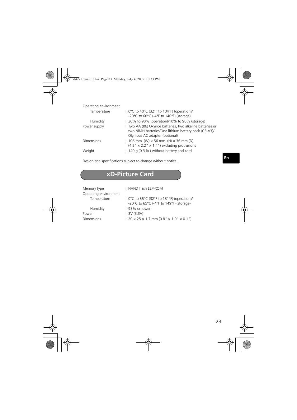 Xd-picture card | Olympus FE-120 User Manual | Page 23 / 116