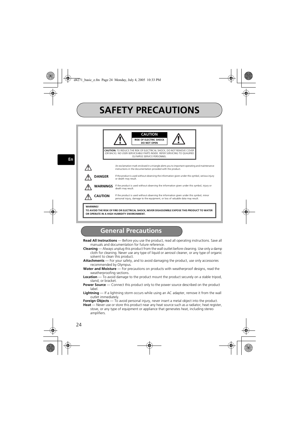 Safety precautions, General precautions | Olympus FE-120 User Manual | Page 24 / 116