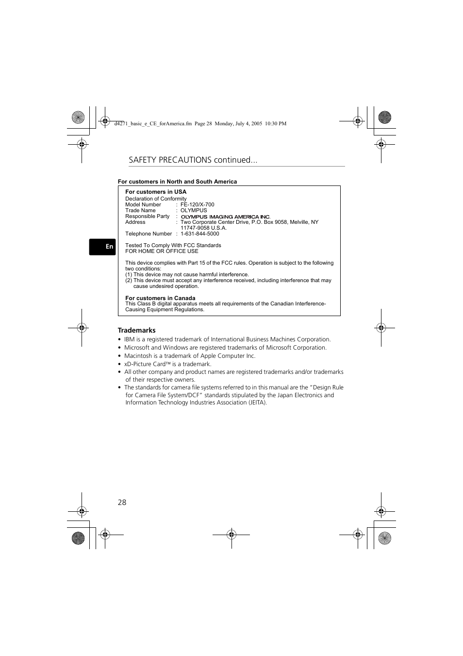 Safety precautions continued | Olympus FE-120 User Manual | Page 28 / 116