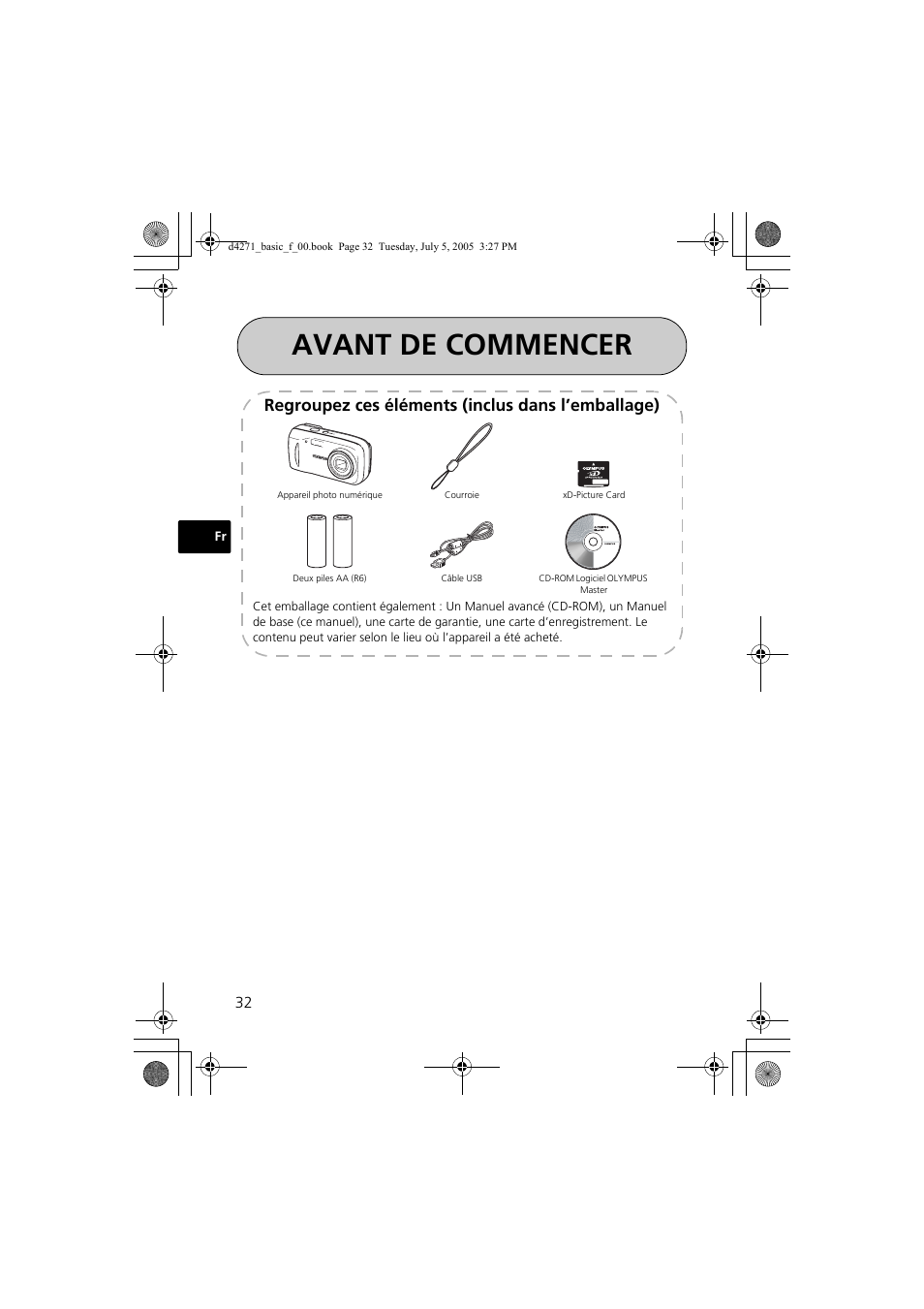 Avant de commencer, Regroupez ces éléments (inclus dans l’emballage) | Olympus FE-120 User Manual | Page 32 / 116