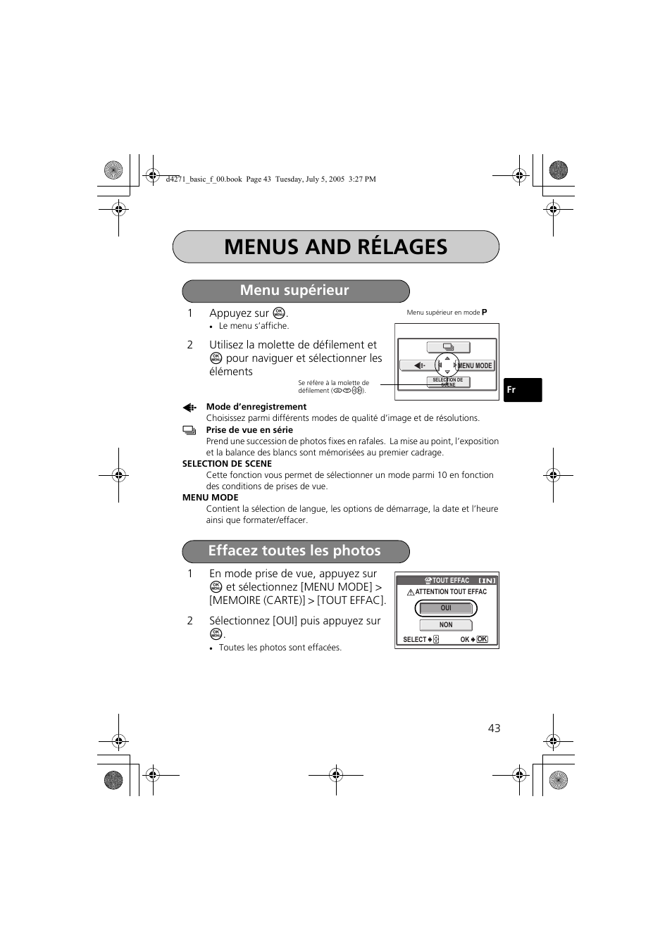 Menus and rélages, Menu supérieur effacez toutes les photos | Olympus FE-120 User Manual | Page 43 / 116