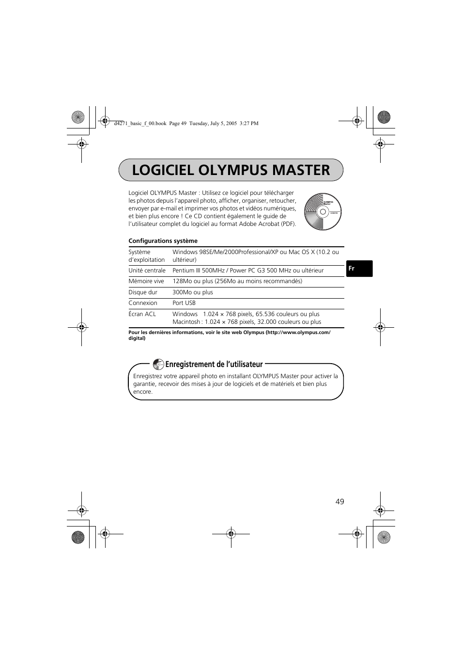 Logiciel olympus master, Enregistrement de l’utilisateur | Olympus FE-120 User Manual | Page 49 / 116