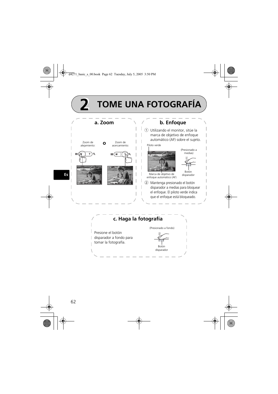 Tome una fotografía, A. zoom, Ob. enfoque | C. haga la fotografía | Olympus FE-120 User Manual | Page 62 / 116