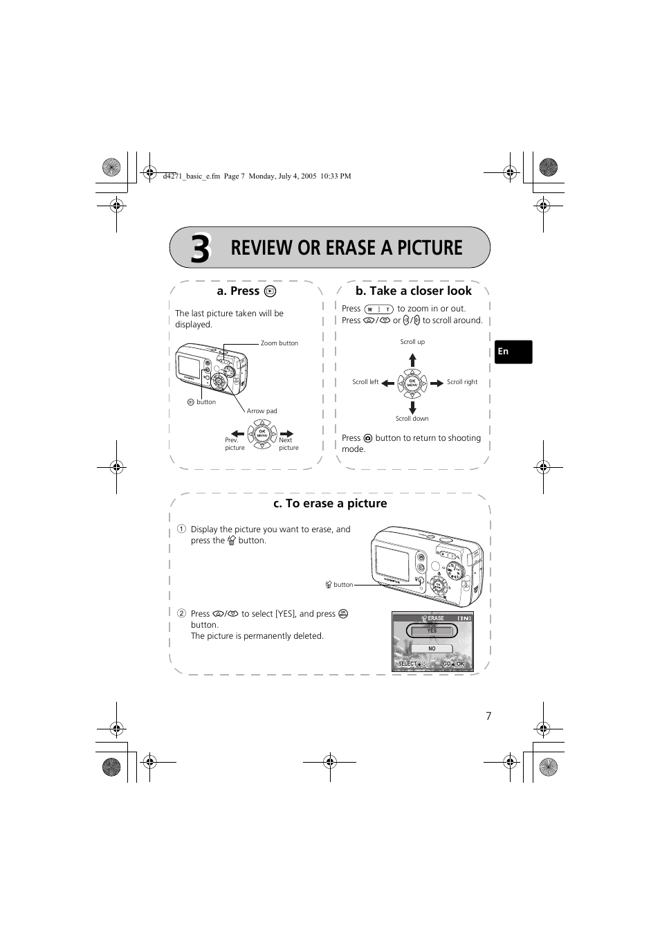 Review or erase a picture, A. press $ b. take a closer look, C. to erase a picture | Olympus FE-120 User Manual | Page 7 / 116