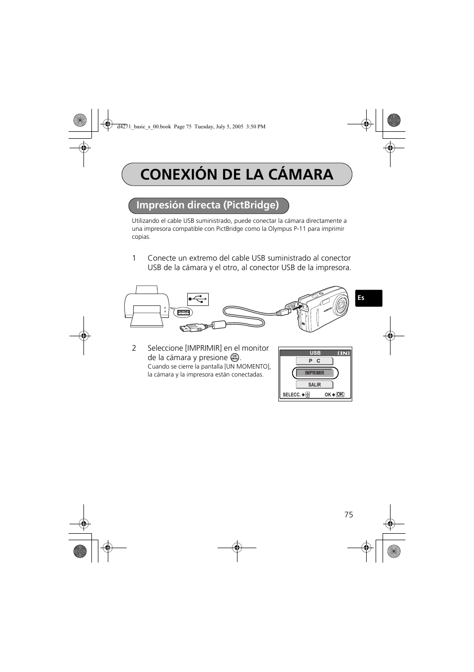 Conexión de la cámara, Impresión directa (pictbridge) | Olympus FE-120 User Manual | Page 75 / 116