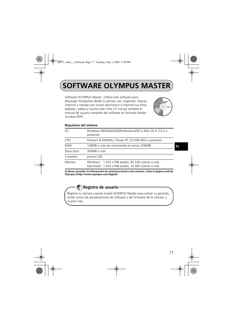 Software olympus master, Registro de usuario | Olympus FE-120 User Manual | Page 77 / 116