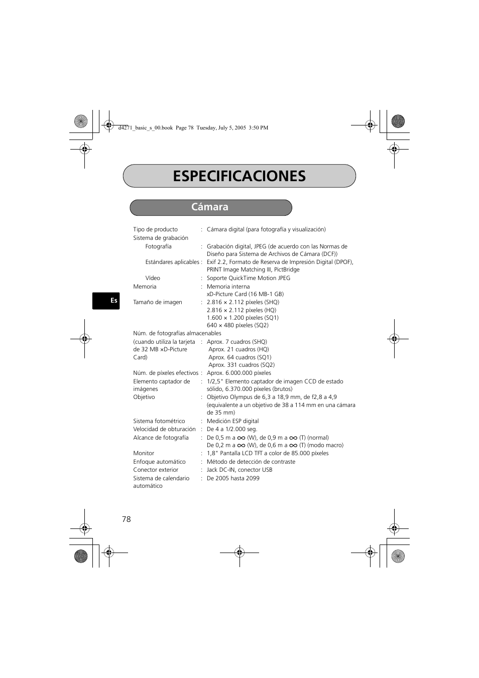 Especificaciones, Cámara | Olympus FE-120 User Manual | Page 78 / 116