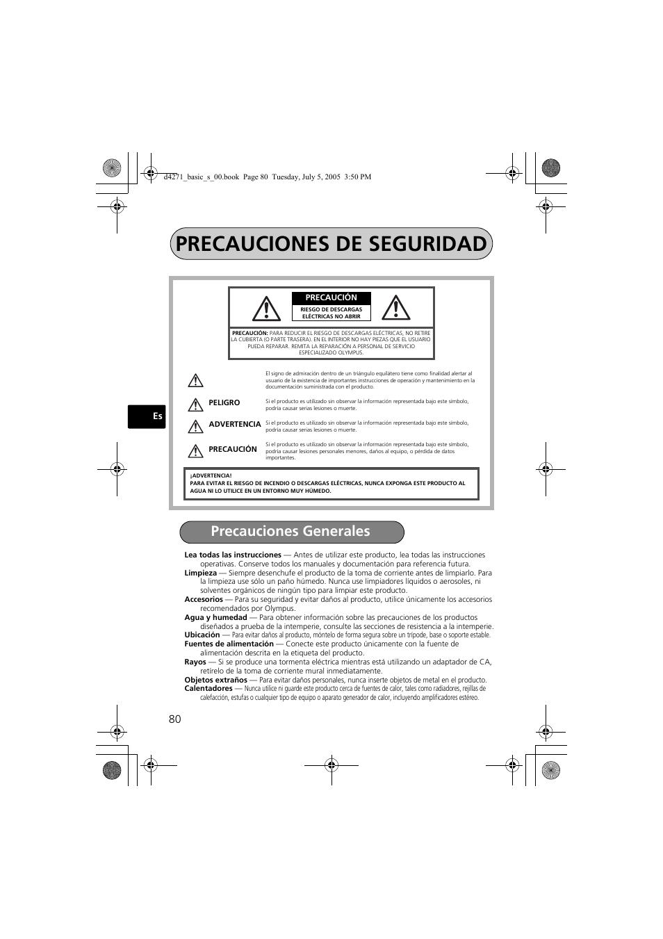 Precauciones de seguridad, Precauciones generales | Olympus FE-120 User Manual | Page 80 / 116