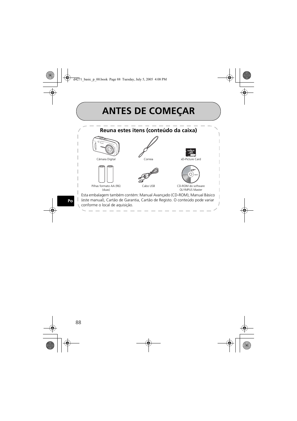 Antes de começar, Reuna estes itens (conteúdo da caixa) | Olympus FE-120 User Manual | Page 88 / 116