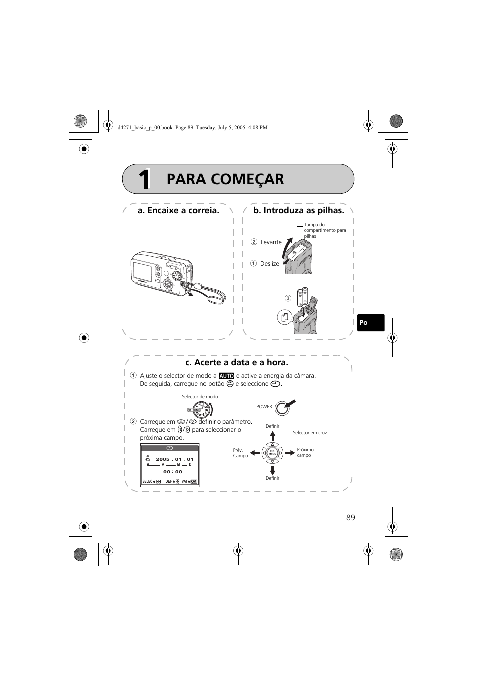 Para começar, A. encaixe a correia. b. introduza as pilhas, C. acerte a data e a hora | Olympus FE-120 User Manual | Page 89 / 116