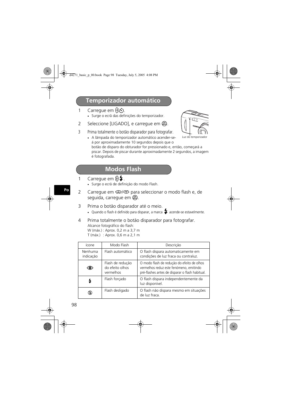 Temporizador automático modos flash | Olympus FE-120 User Manual | Page 98 / 116