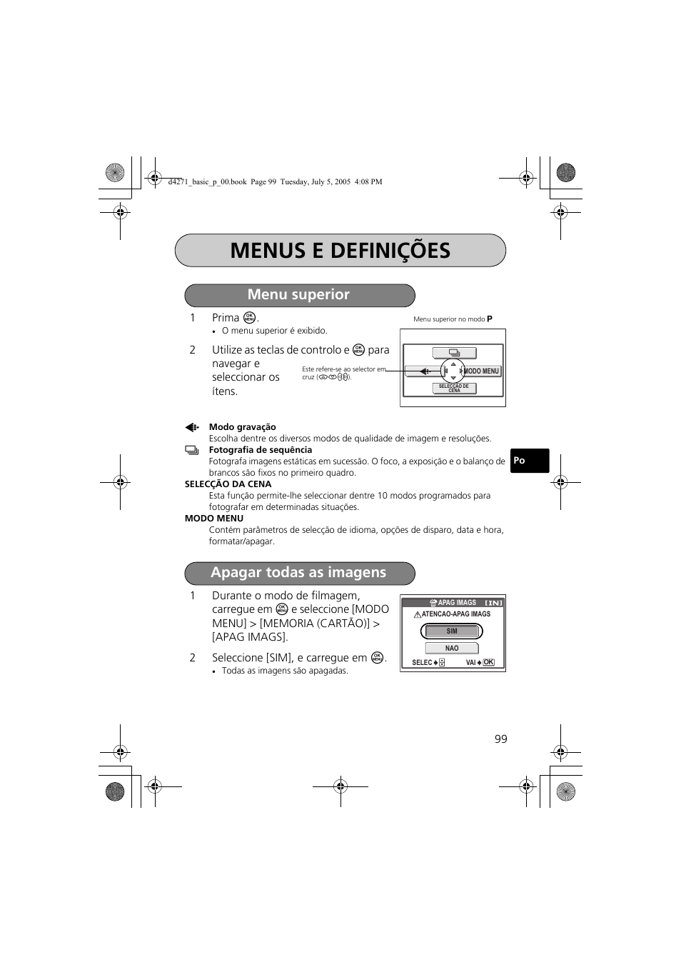 Menus e definições, Menu superior apagar todas as imagens | Olympus FE-120 User Manual | Page 99 / 116