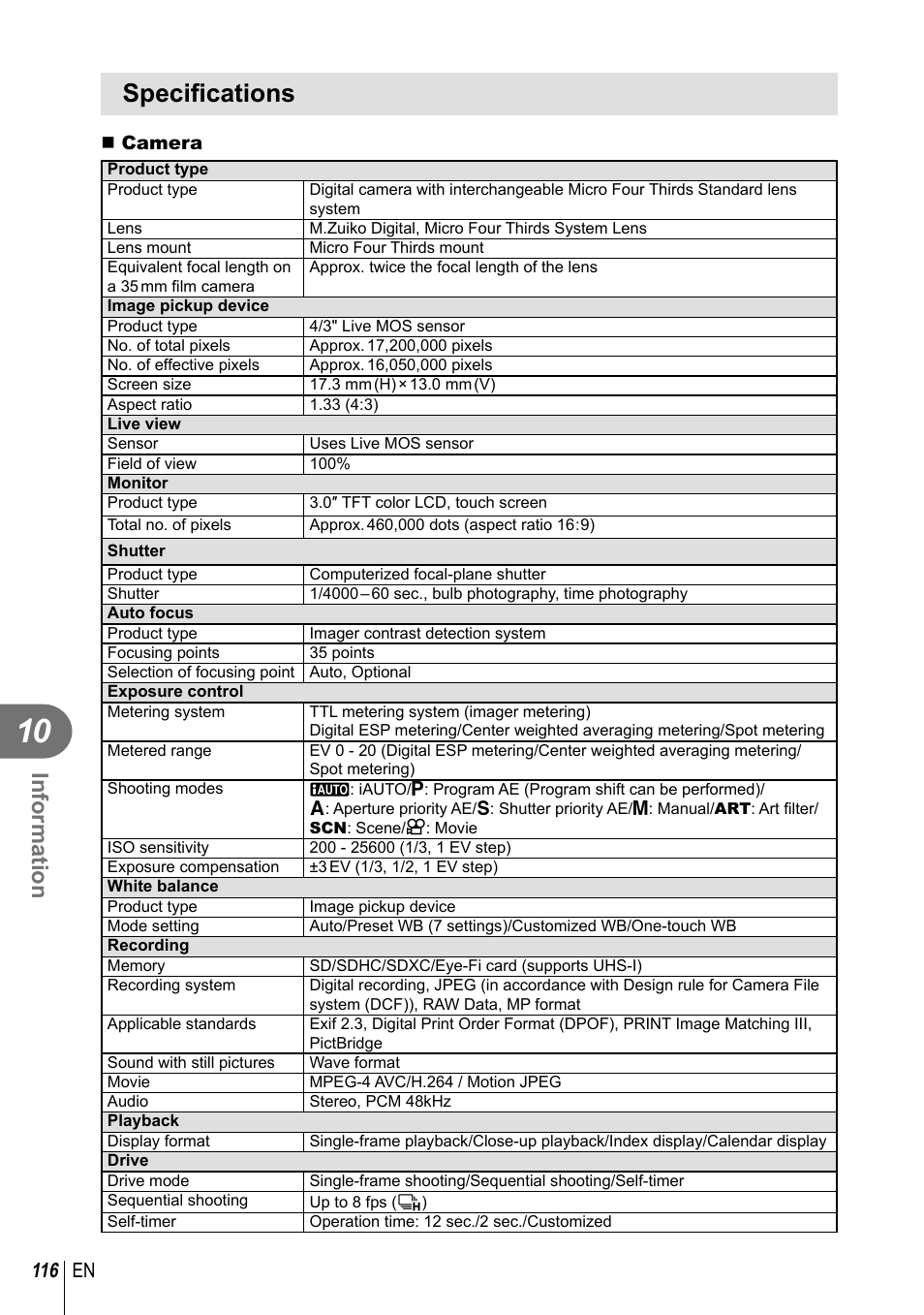 Specifi cations, Information, 116 en | Olympus E-PM2 User Manual | Page 116 / 133