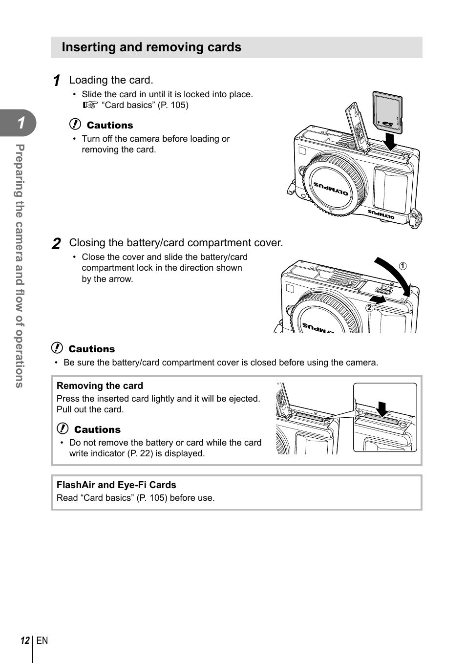 Inserting and removing cards | Olympus E-PM2 User Manual | Page 12 / 133