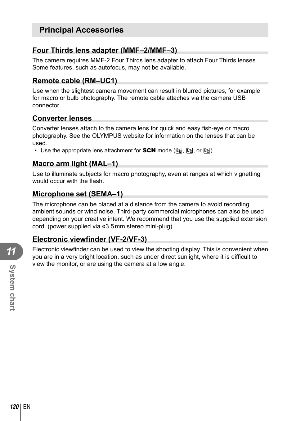 Principal accessories | Olympus E-PM2 User Manual | Page 120 / 133