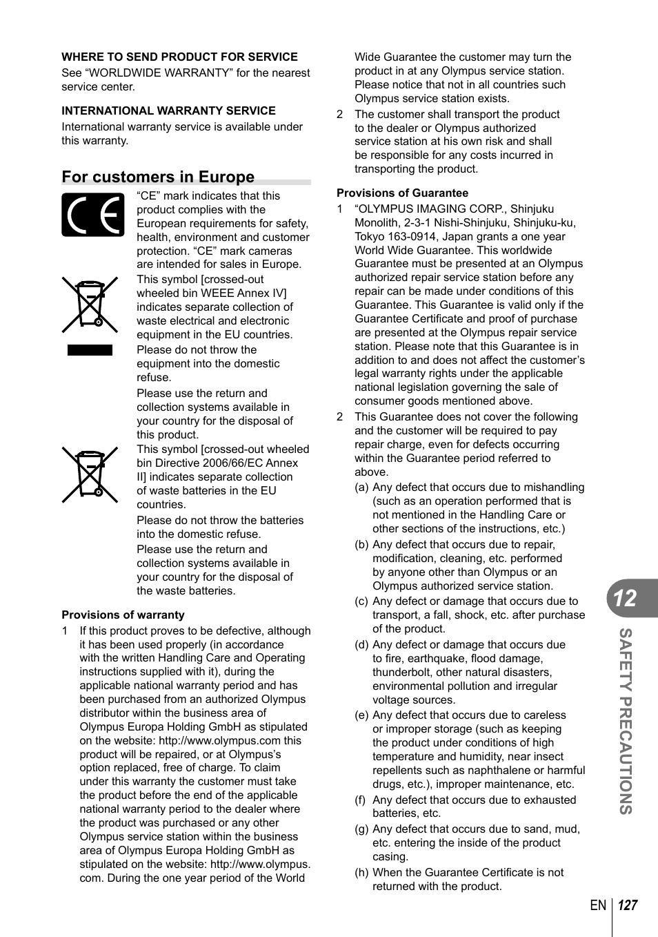 Safety precautions, For customers in europe, 127 en | Olympus E-PM2 User Manual | Page 127 / 133