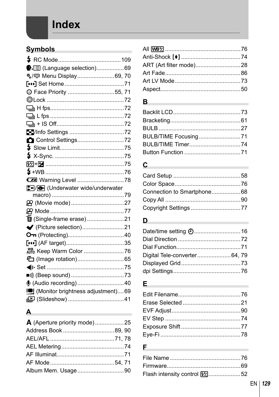 Index | Olympus E-PM2 User Manual | Page 129 / 133