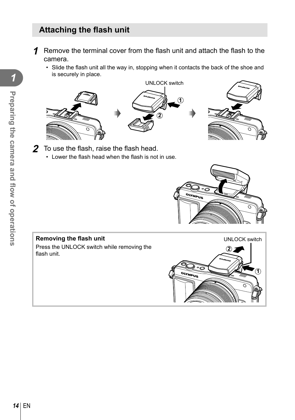 Attaching the fl ash unit | Olympus E-PM2 User Manual | Page 14 / 133