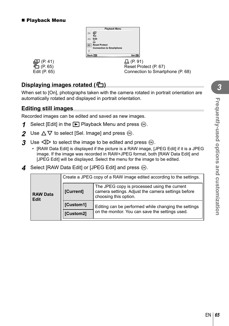Frequently-used options and customization, Displaying images rotated ( r ), Editing still images | Olympus E-PM2 User Manual | Page 65 / 133