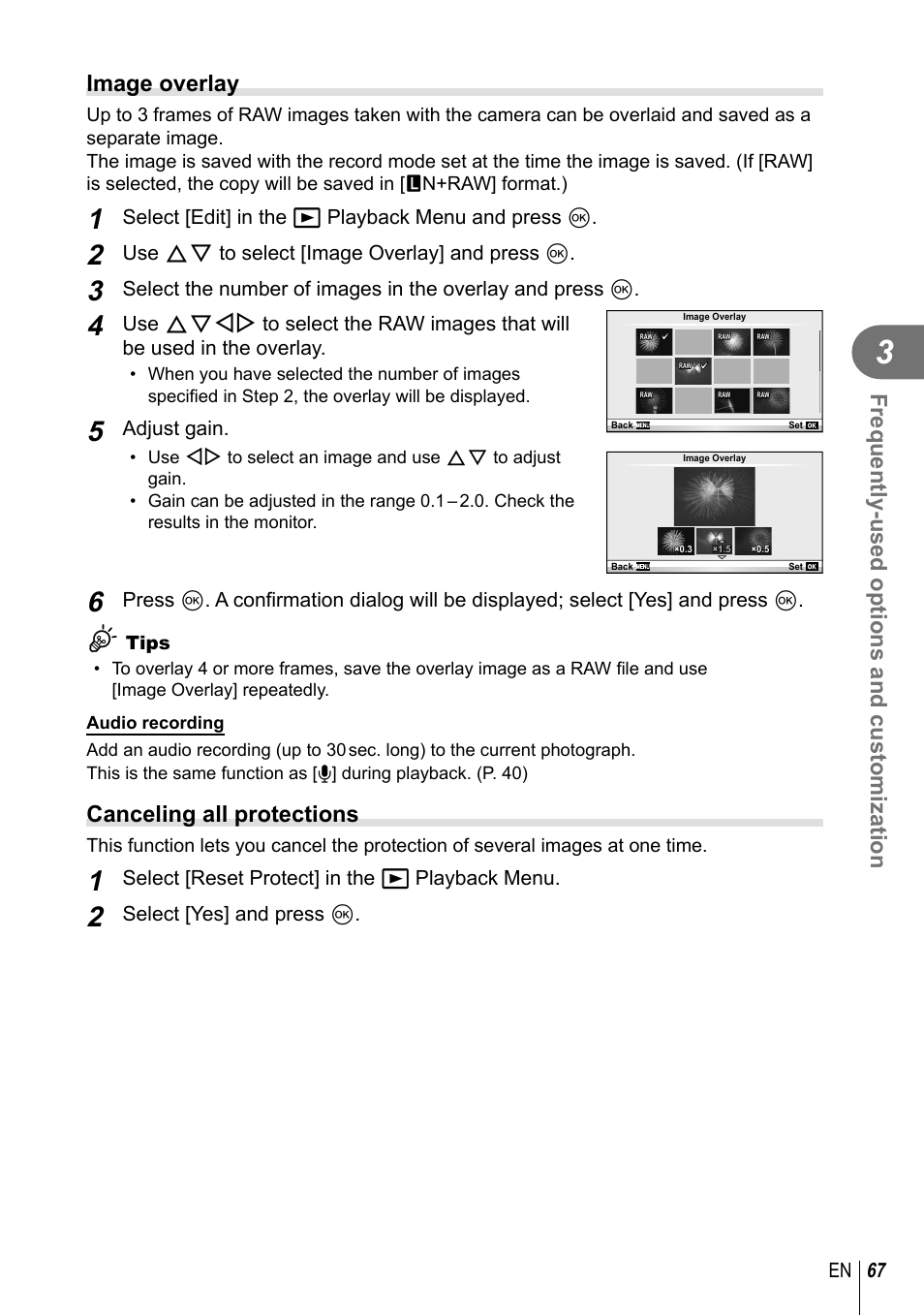 Frequently-used options and customization, Image overlay, Canceling all protections | Olympus E-PM2 User Manual | Page 67 / 133