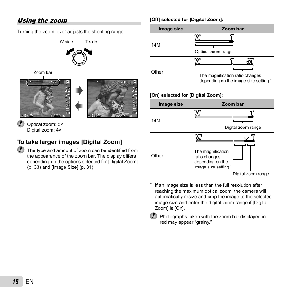 18 en, Using the zoom, Turning the zoom lever adjusts the shooting range | Optical zoom: 5× digital zoom: 4, Other | Olympus VG-170 User Manual | Page 18 / 71