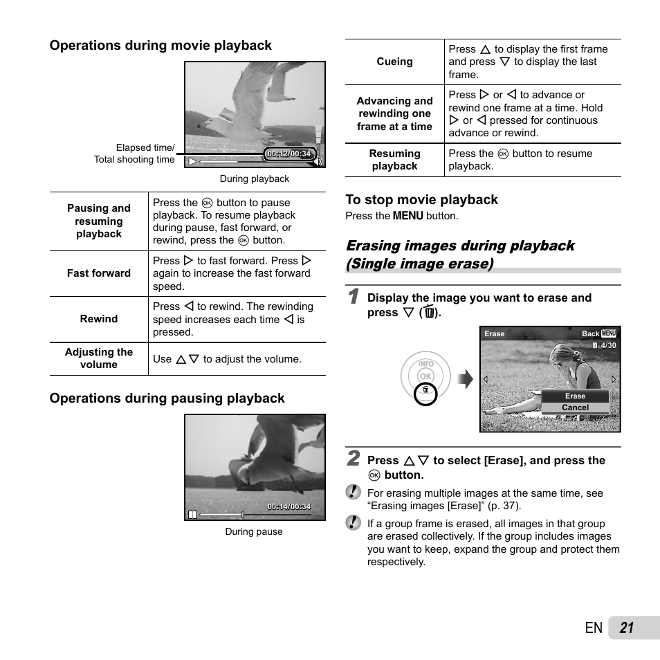 21 en, Operations during movie playback, Operations during pausing playback | Olympus VG-170 User Manual | Page 21 / 71