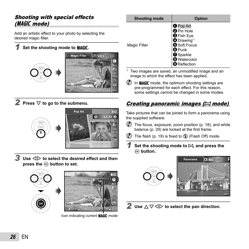 26 en, Creating panoramic images ( ~ mode), Shooting with special effects ( p mode) | Olympus VG-170 User Manual | Page 26 / 71