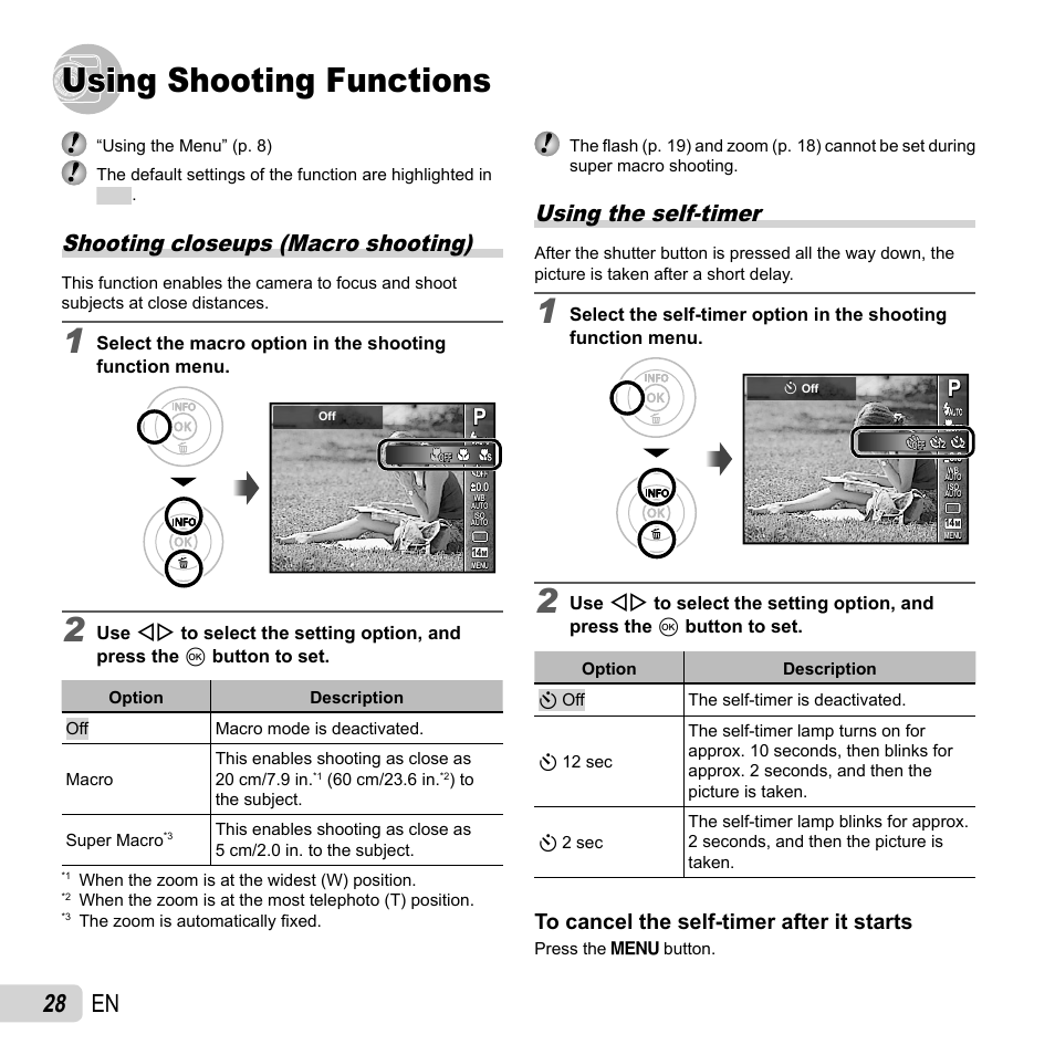 Using shooting functions, 28 en, Shooting closeups (macro shooting) | Using the self-timer | Olympus VG-170 User Manual | Page 28 / 71