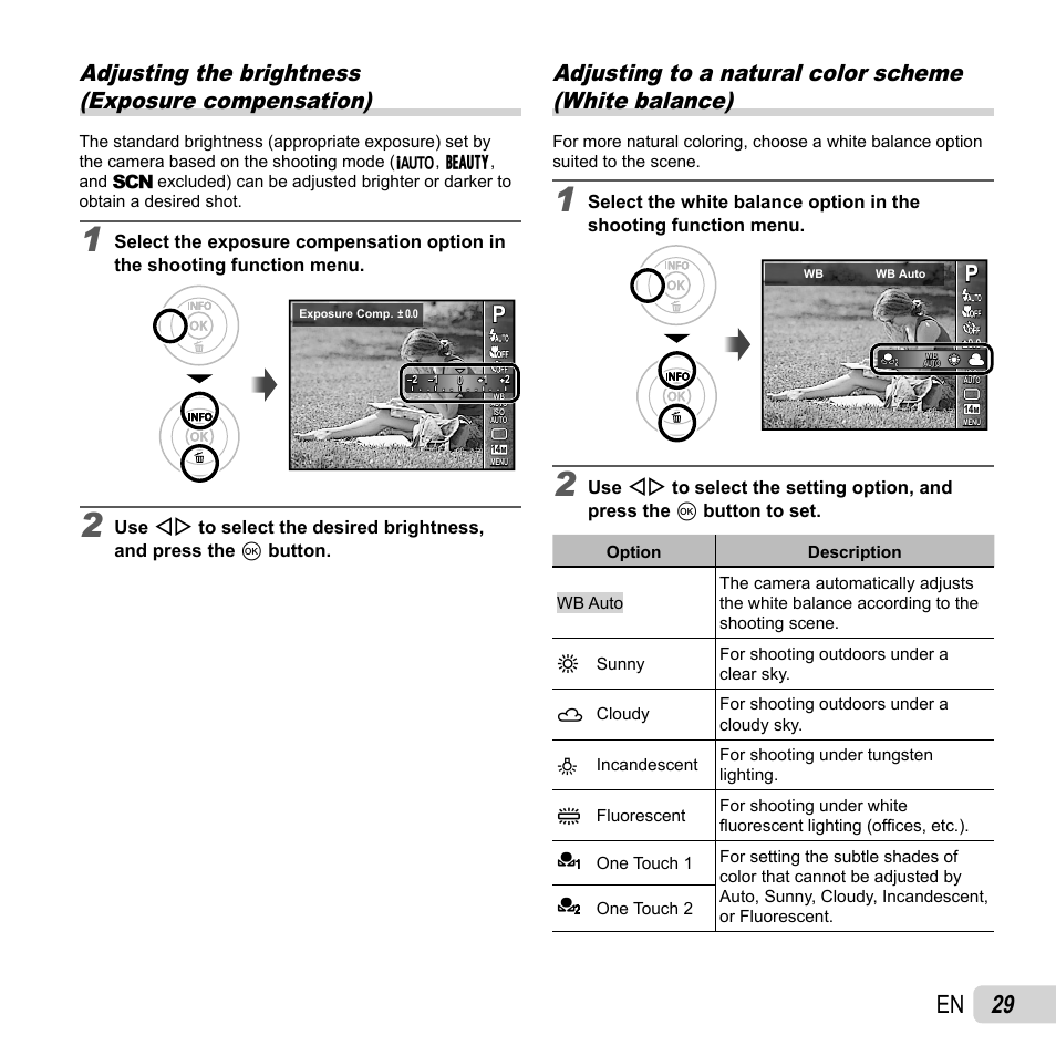 29 en, Adjusting the brightness (exposure compensation) | Olympus VG-170 User Manual | Page 29 / 71