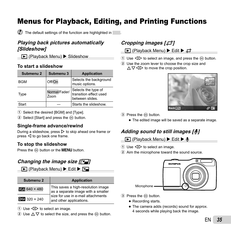 35 en, Changing the image size, Changing the image size [ q q | Cropping images, Cropping images [ p p | Olympus VG-170 User Manual | Page 35 / 71